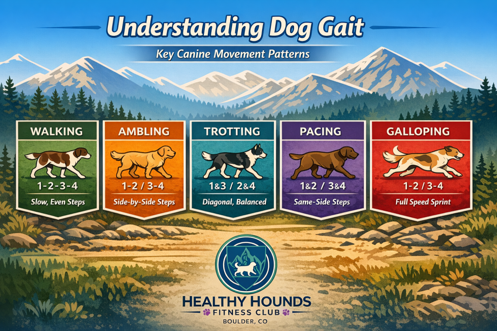 Illustrated infographic showing dog gait patterns—walking, ambling, trotting, pacing, and galloping—by Healthy Hounds Fitness Club in Boulder, Colorado.